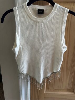 blanc Ribbed Ivory Tank with Beaded Fringe Hem